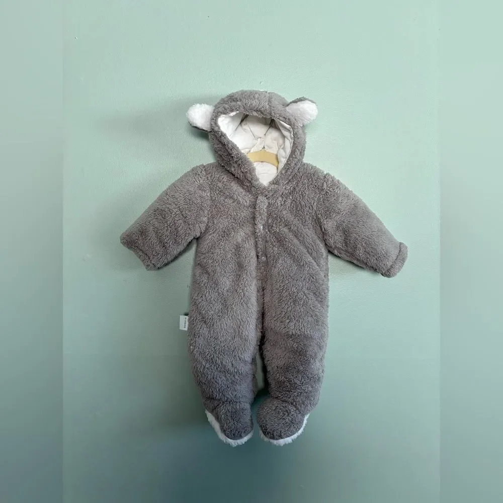 Gray Teddy Bear Fleece Baby Jumpsuit Snow Super Soft Warm 0-3 Month